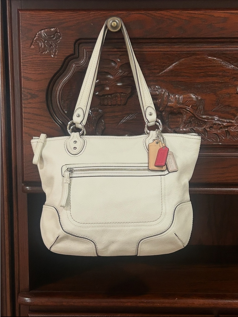 Coach Cream Leather Shoulder Tote with Tag Charms